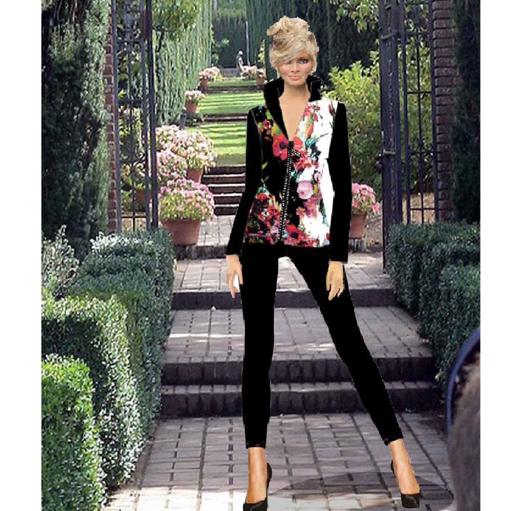 Women's Jacket Fitted Floral  Rhinestone Zipper